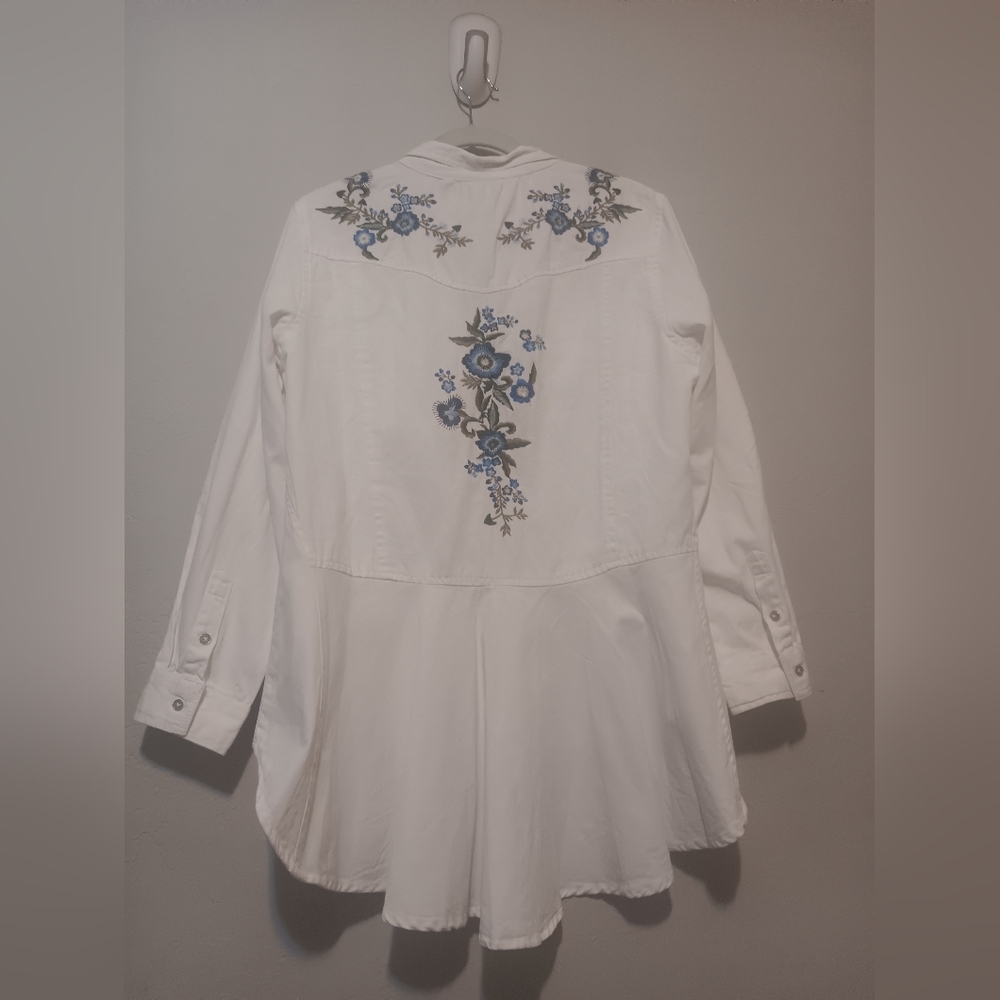 Boho Embroidered Top Floral Denim Women White SzL‎ High-Low - Picture 2 of 15